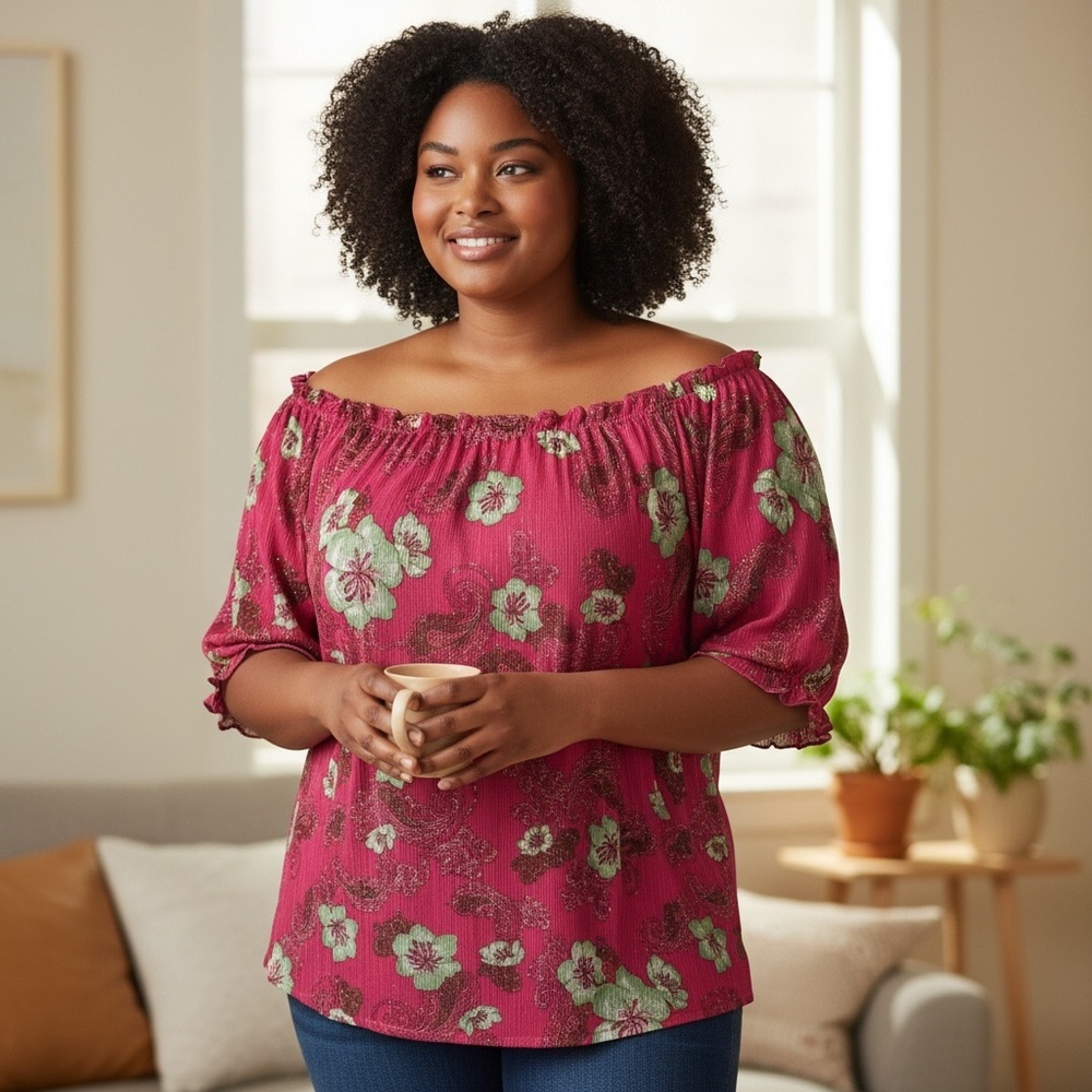 Seven Islands Womens XL Hot Pink Vibrant Floral Crinkle Top Blouse NWT. 3X